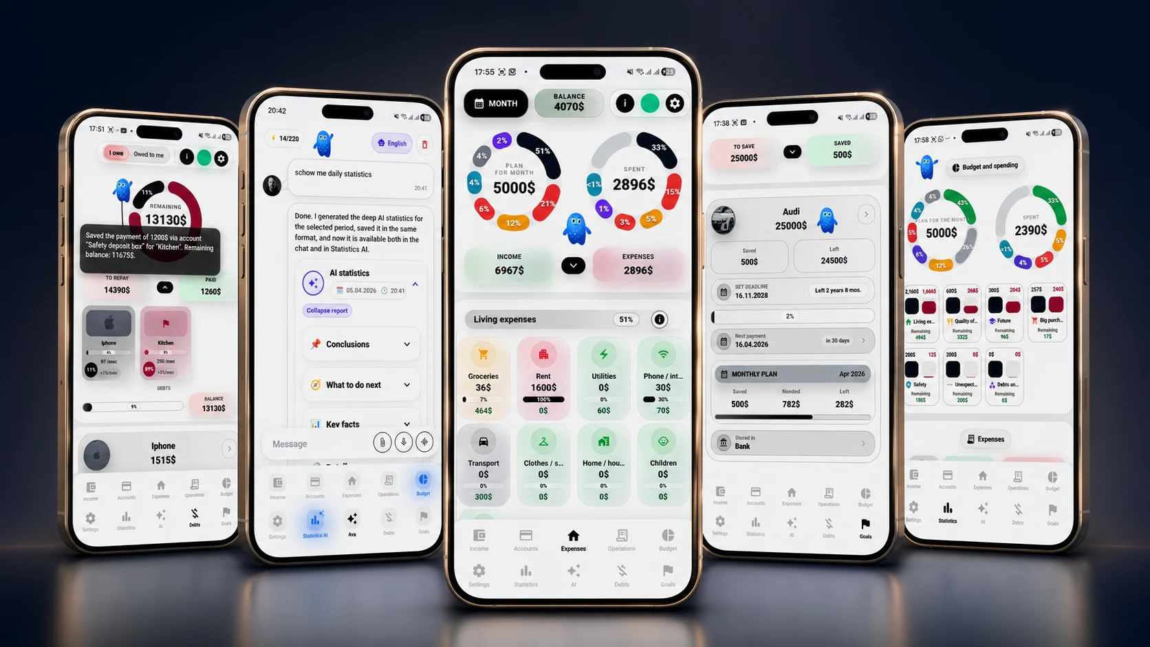 Пять экранов приложения Freelife в смартфонах: долги, AI, бюджет, цели и статистика