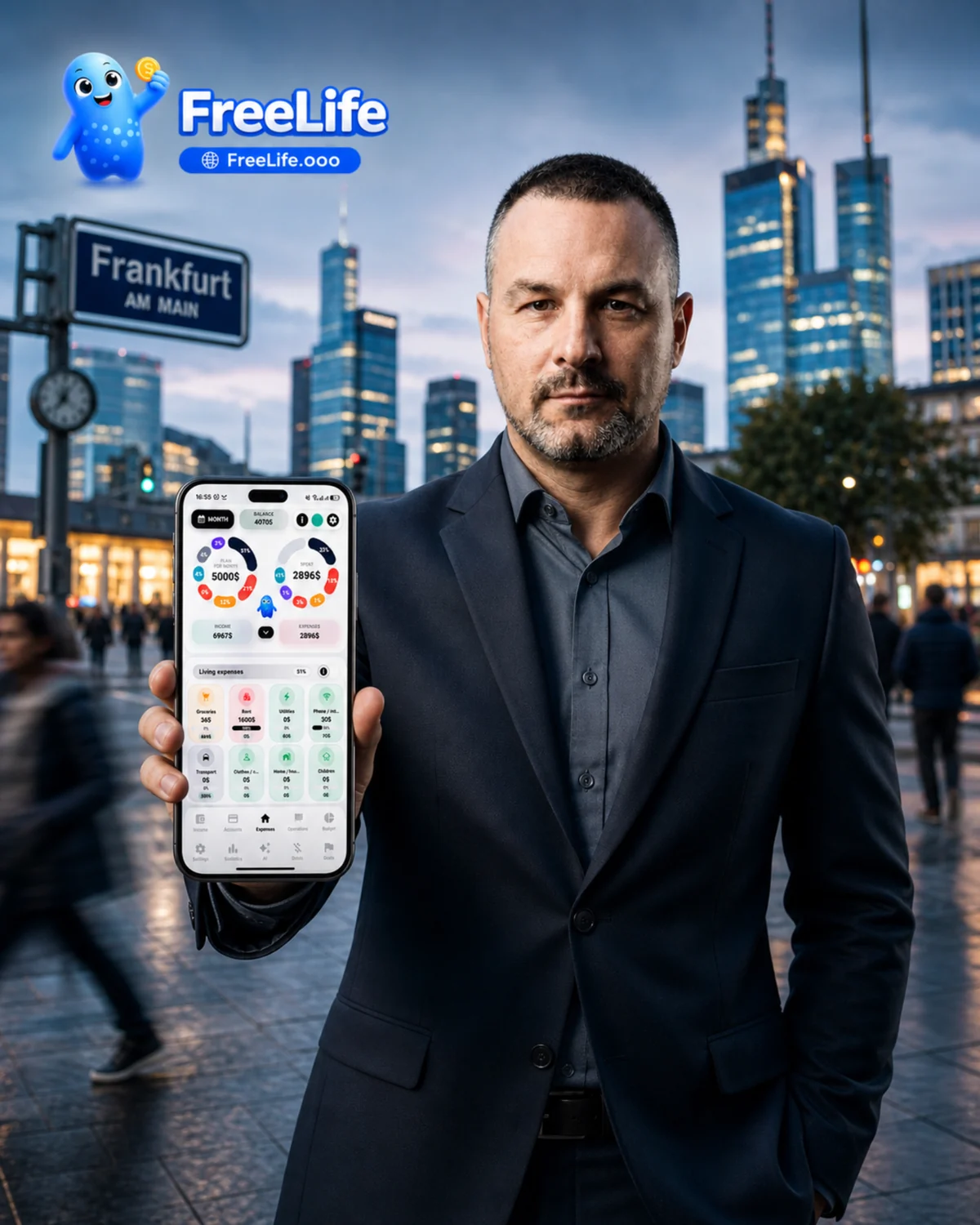 Автор Freelife с приложением на фоне Франкфурта